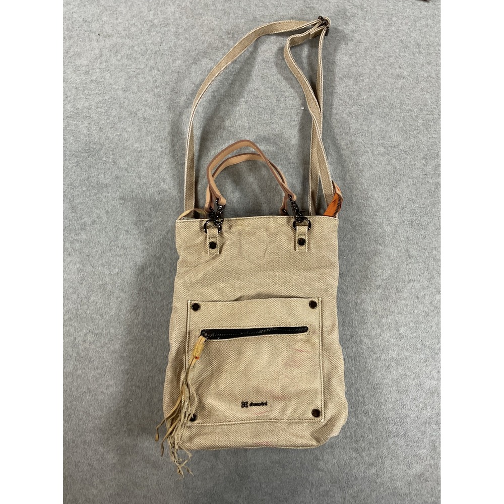 Sherpani Canvas Crossbody Bag Tan Neutral Leather Trim Fringe Tassel Tote